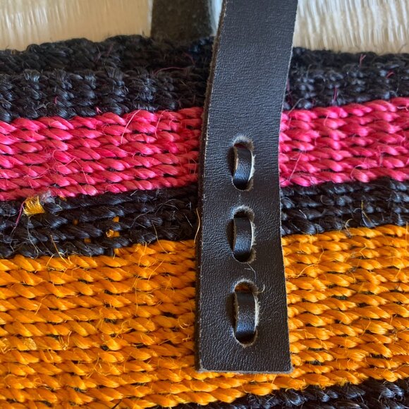 African Kiondo Kenya Sisal Straw Market Bag Leather Straps Orange Pink Black - Picture 3 of 5
